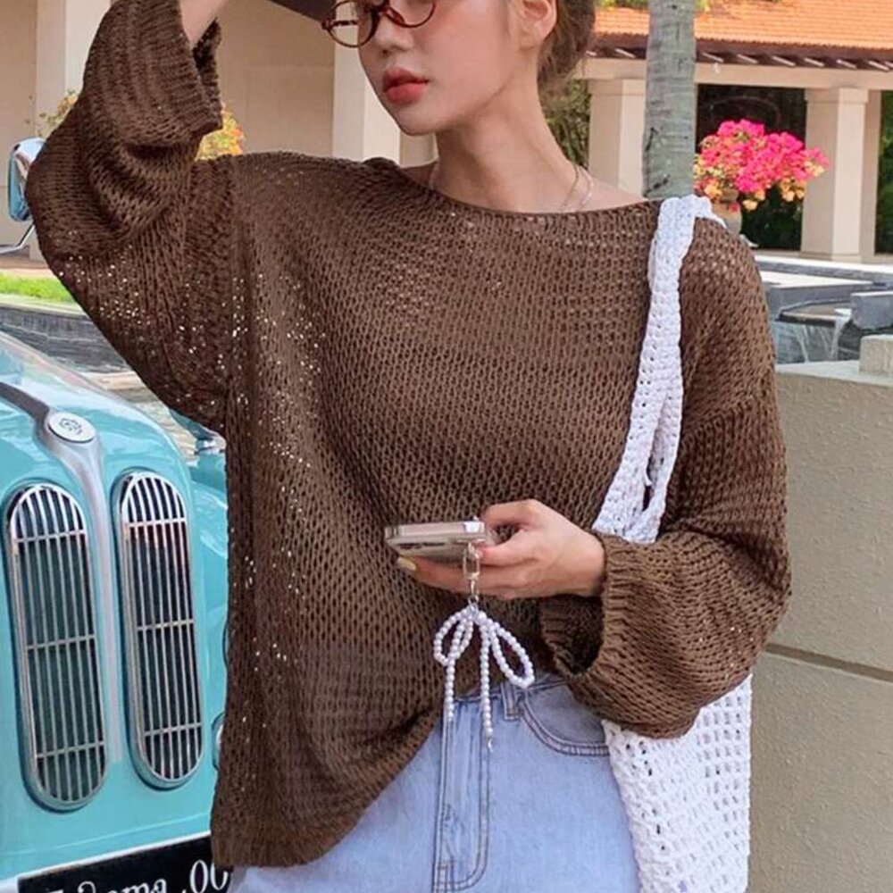 ❤️ Brown Open Knit Mesh Long Sleeve Sweater | Lightweight Layering Top